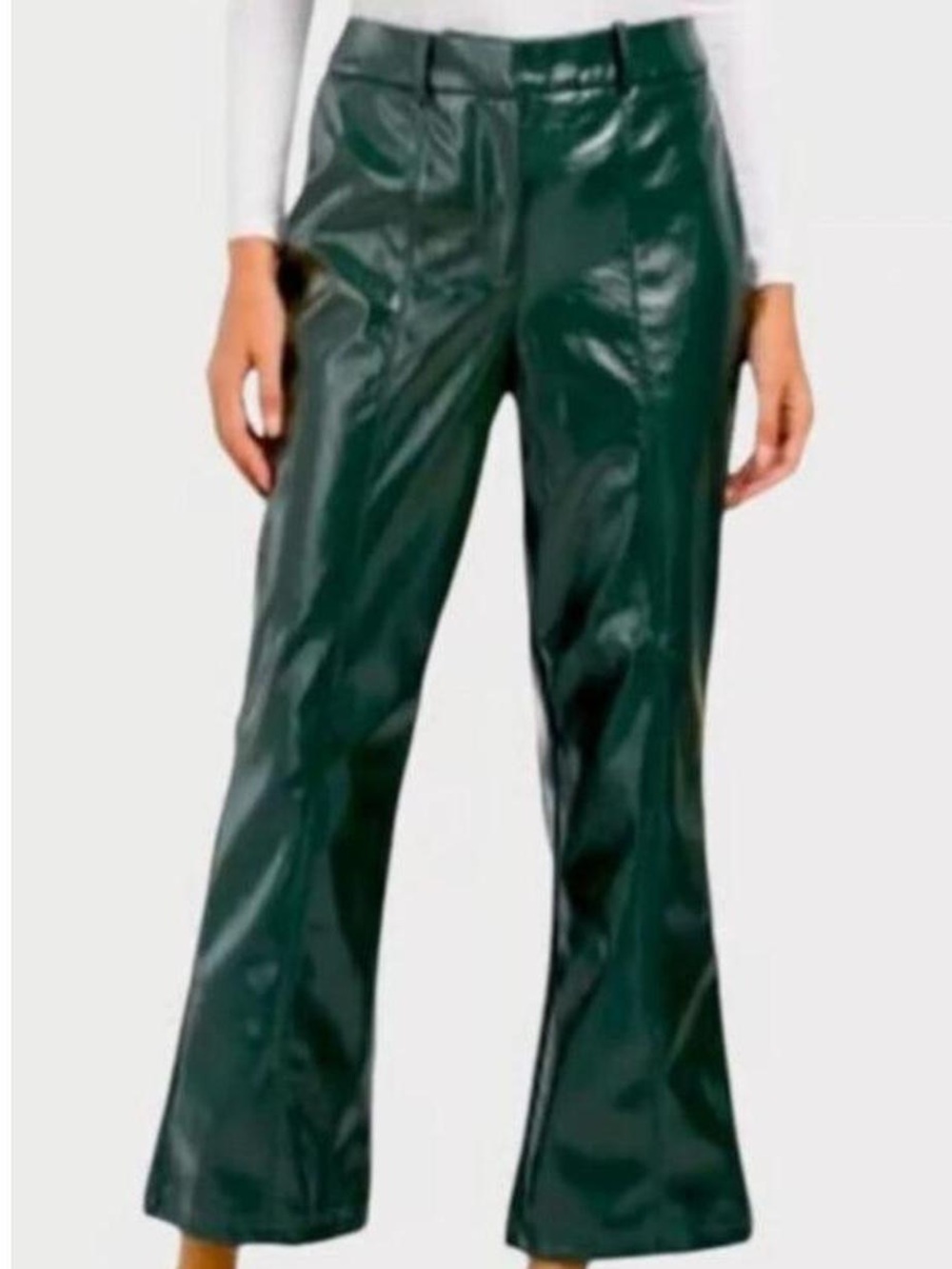 NWOT 7FAMK Vegan Leather Crop Flare Leg Hunter Green Pants
